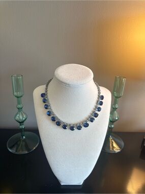 Vintage Sapphire Blue Rhinestone Tennis Necklace